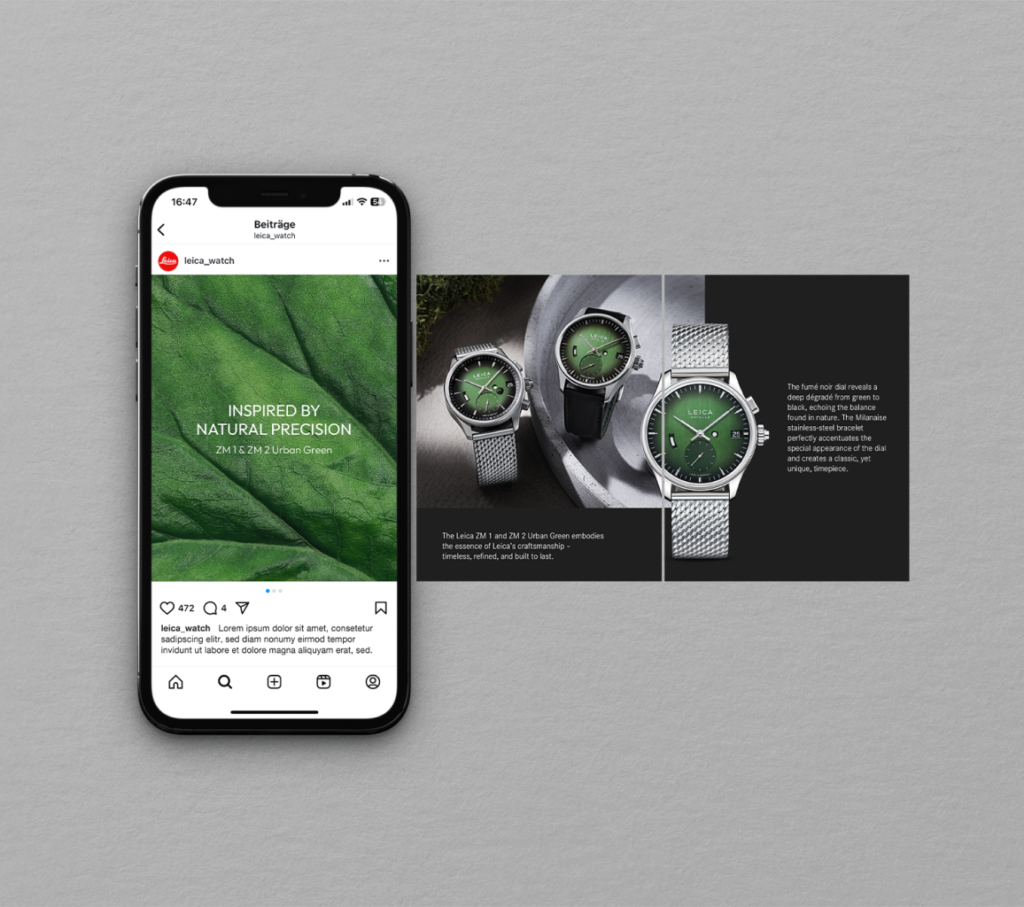 Smartphone Social Media Post einer grünen Uhr für eine High End Produktkampagne und konsistentes Markenerlebnis