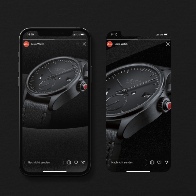 Mockup zweier Smartphone Stories der Leica Monochrom für eine High End Produktkampagne mit emotionaler Markenwirkung