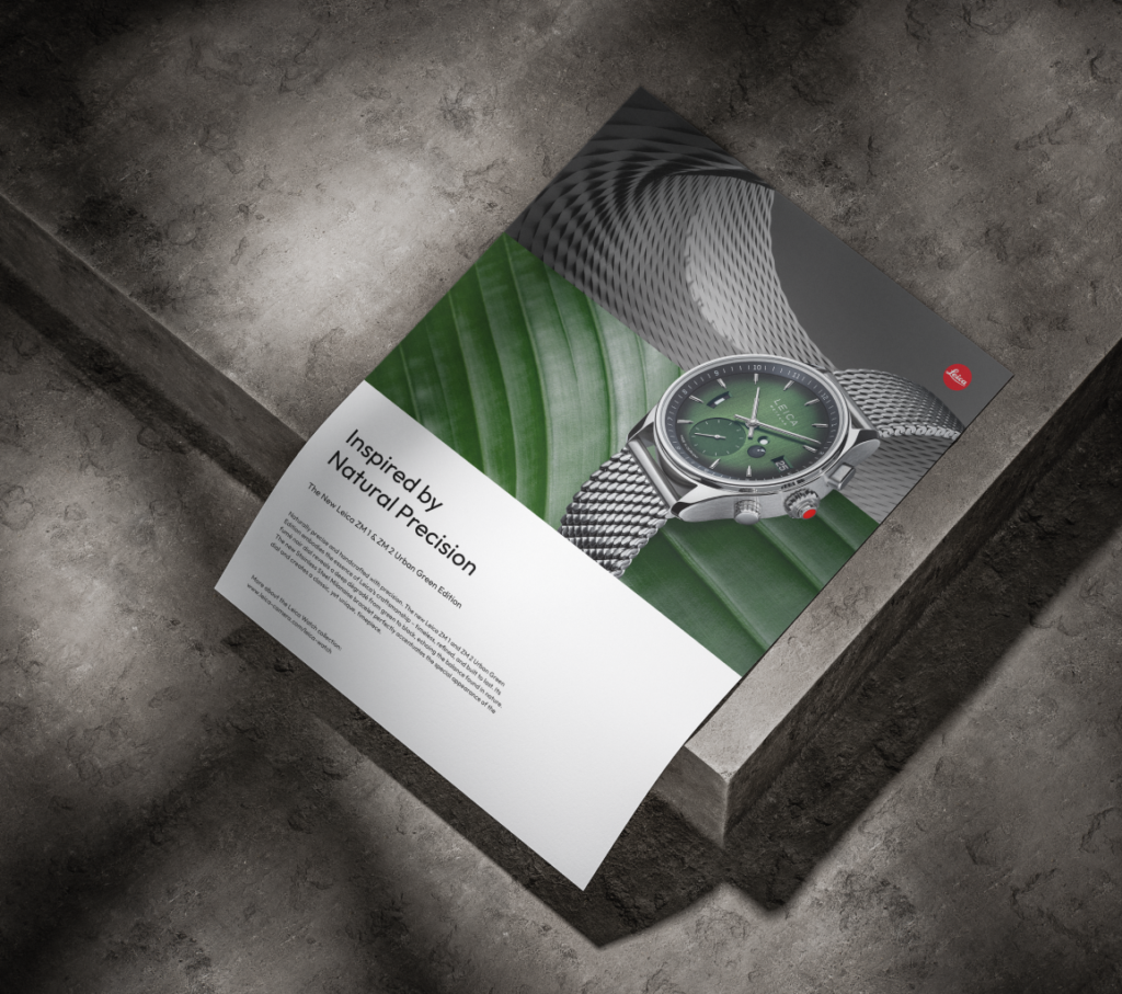 Print Anzeige der grünen Armbanduhr auf Beton für eine Produktkampagne und 360 Grad Kommunikationsauftritt