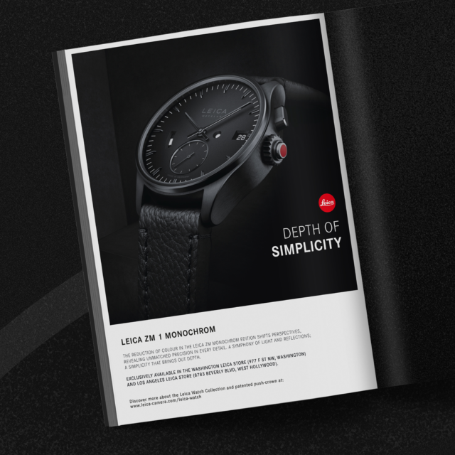 Magazin Anzeige der Leica Monochrom von Wuger für eine High End Produktkampagne sowie ein konsistentes Markenerlebnis