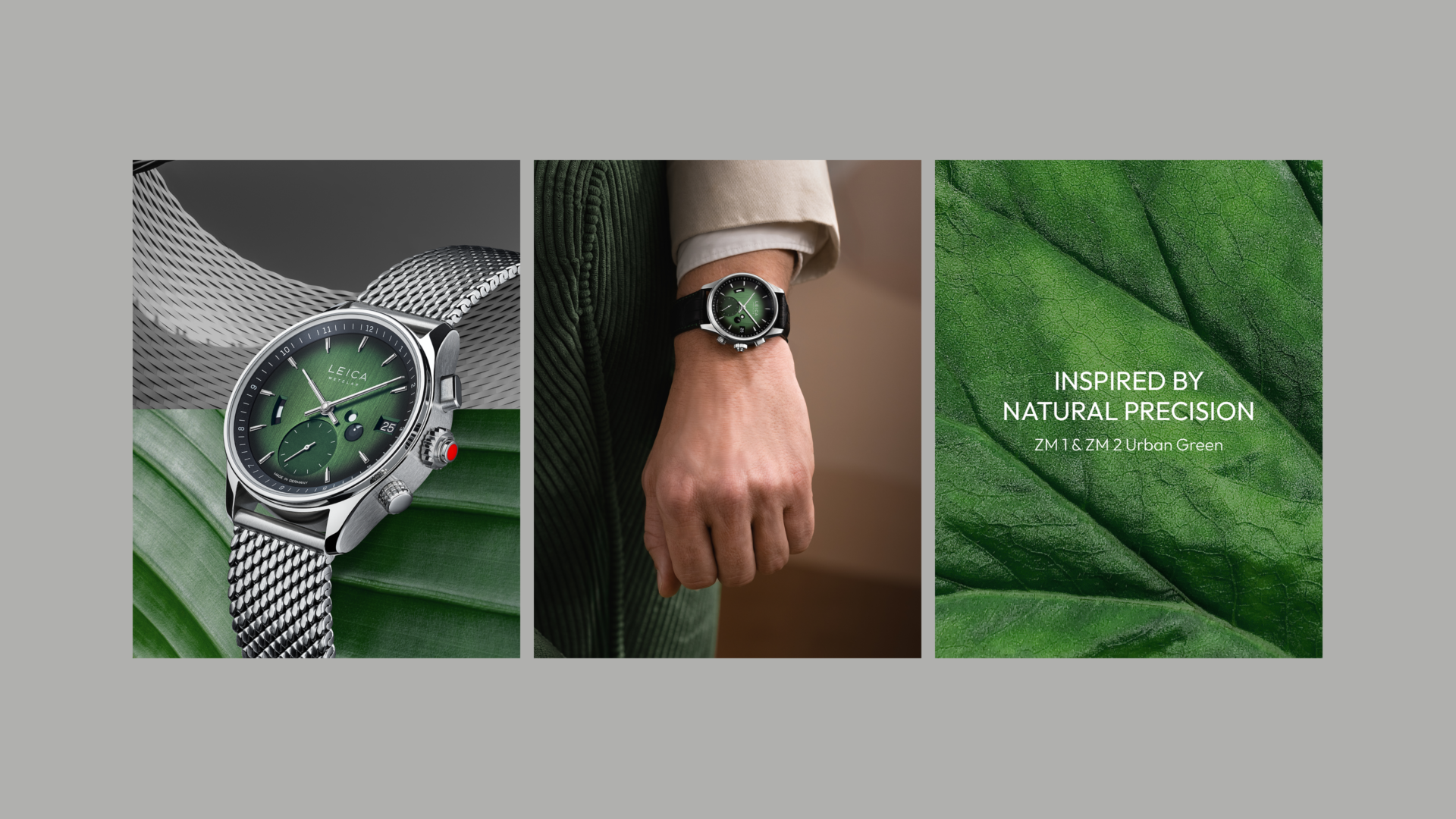 Dreiteilige Fotoserie von Wuger mit Uhr am Handgelenk und Blatt für eine High End Produktkampagne