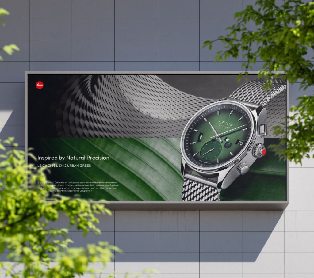 Großes Billboard der grünen Uhr an Fassade für Produktlaunch und High End Marketing einer Markenwelt