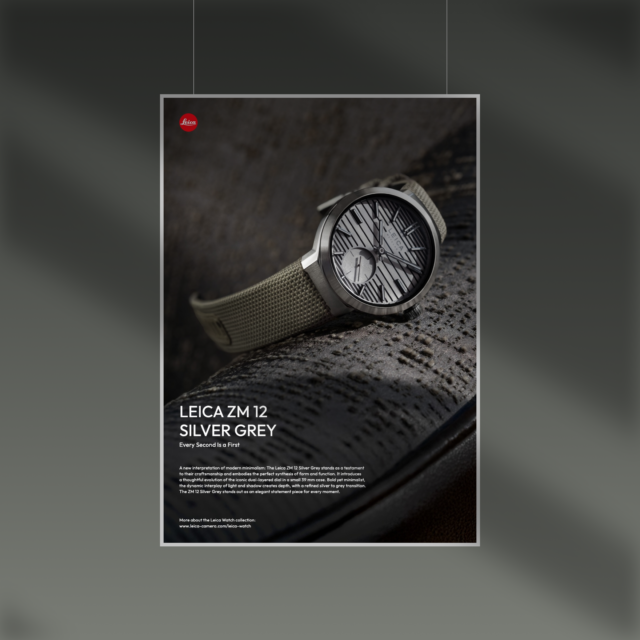 Grafikdesign von WUGER für Leica Watch – eine minimalistische Print Ad, die durch präzise Gestaltung, klare Typografie und starke visuelle Balance die Markenwerte von Qualität, Zeit und Design transportiert. Printanzeige für Leica Watch, gestaltet von WUGER: minimalistisch inszenierte Uhr mit klarer Typografie und starkem grafischen Layout, das Präzision, Design und Markenästhetik betont.