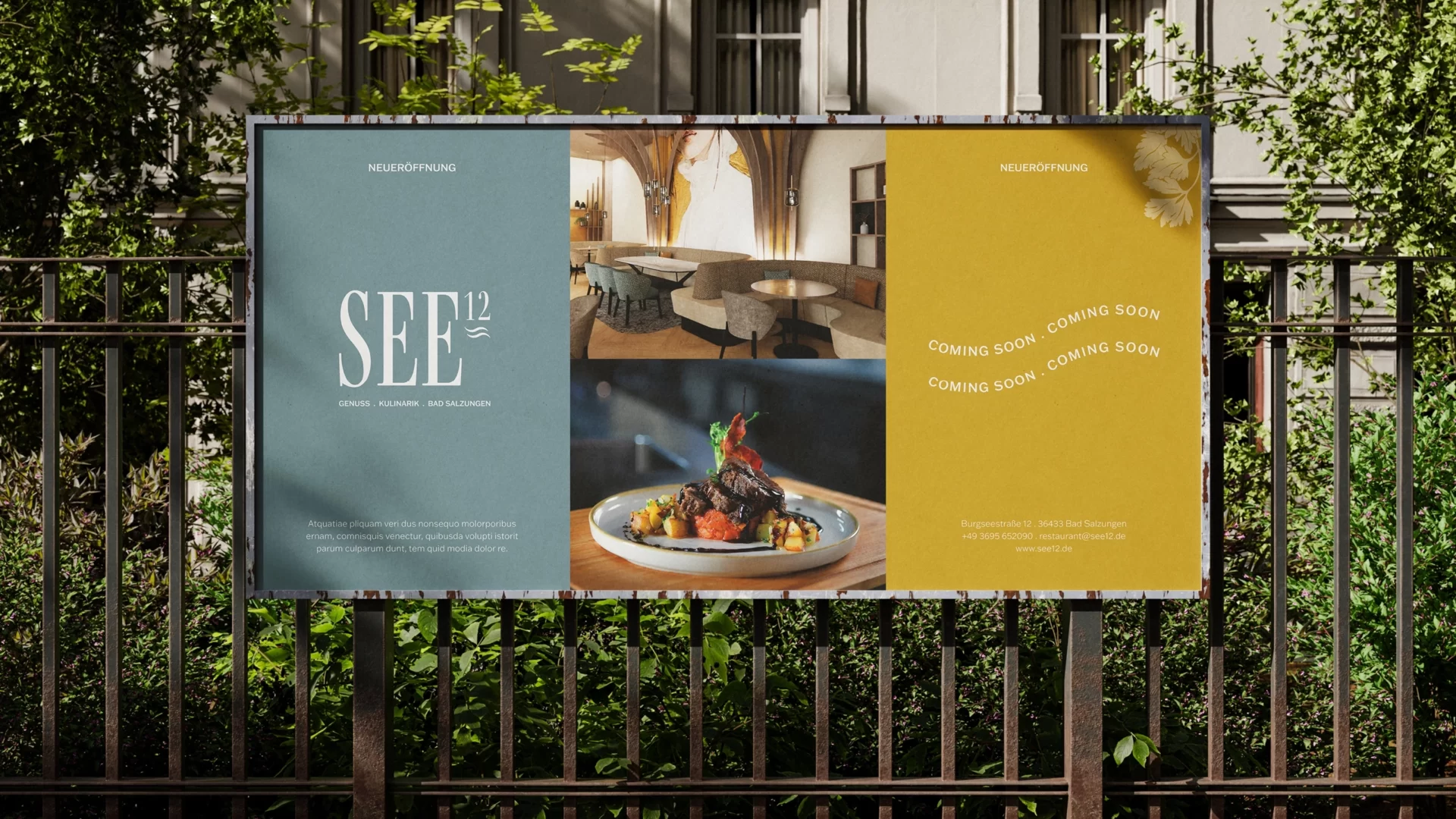 Ein Großflächenplakat, das schon vor der ersten Speisekarte Appetit auf das neue Markenerlebnis macht. Werbeplakat als Kampagne und Gastronomie-Branding von WUGER mit Logo, Interieuraufnahme und kunstvoll angerichtetem Gericht