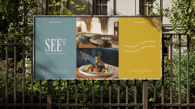 Werbeplakat als Kampagne und Gastronomie-Branding von WUGER mit Logo, Interieuraufnahme und kunstvoll angerichtetem Gericht
