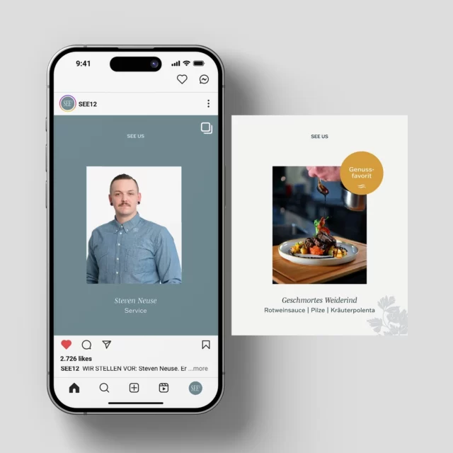 Ob Gesicht aus dem Service oder der Genussfavorit vom Herd, im Feed bekommt die Marke ein Gesicht. Instagram-Posts auf dem Smartphone als Digital Marketing und Social Media von Wuger mit Teamvorstellung und Gericht am Teller