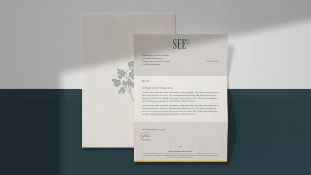 Auch der ganz normale Geschäftsbrief sieht hier so gut aus, dass man ihn nicht einfach zur Seite legt. Gebrandeter Briefbogen mit Logo und Kräuterillustration als Corporate Design und Grafik von WUGER auf zweifarbigem Grund