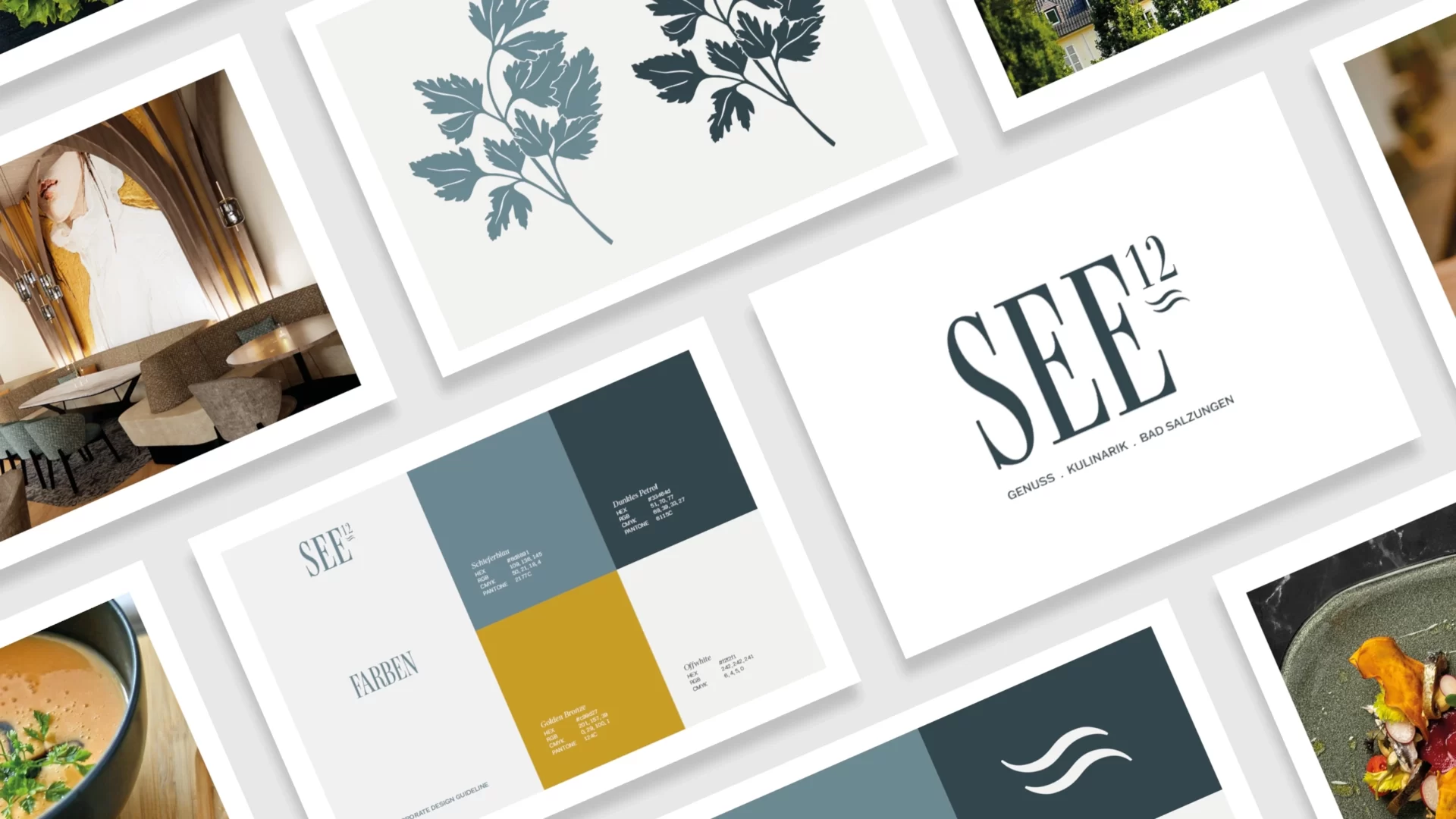 Schieferblau, dunkles Petrol und Golden Bronze treffen auf feine Petersilienzweige und geben der Marke eine Handschrift, die man beinahe schmecken kann. Corporate Design und Markenentwicklung von WUGER als Guideline mit Logo, Farbwelt, Kräutermotiv und Wellenmarke im Überblick