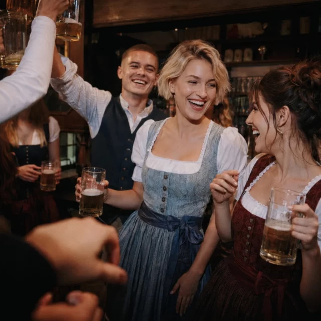 Echte Freude lässt sich nicht inszenieren, aber sehr wohl fotografieren, wenn die Marke stimmt. Emotionale Markenfotografie feiernder Gäste in Tracht als Bildwelt im Gastronomie-Rebranding für Bodos