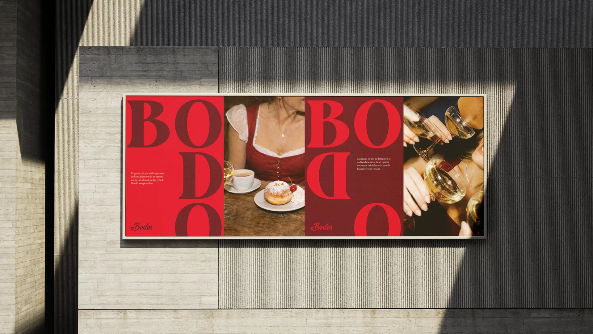 Tagsüber Krapfen, nachts Korken: ein Markenauftritt, der beide Welten auf einmal beherrscht. Plakatvisualisierung mit plakativer Typografie und Tag-Nacht-Bildwelt aus dem Gastronomie-Rebranding für ein Oktoberfest-Cafézelt
