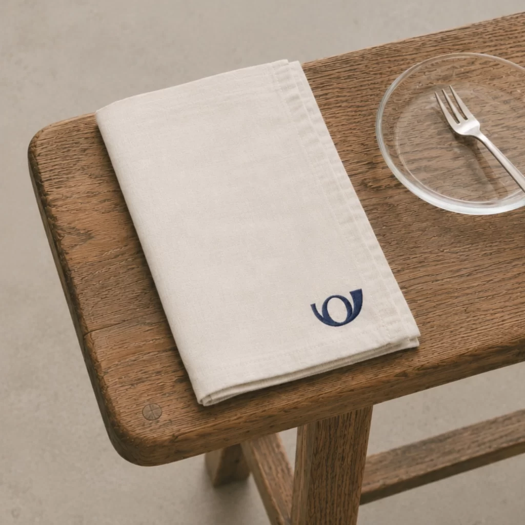 Leinenserviette mit gesticktem Markenlogo als gebrandetes Gastro-Accessoire im Markenauftritt