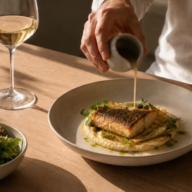 Professionelle Foodfotografie für Gastro-Branding: Koch gießt Sauce über Fischfilet auf cremigem Püree mit Weißwein und frischen Kräutern