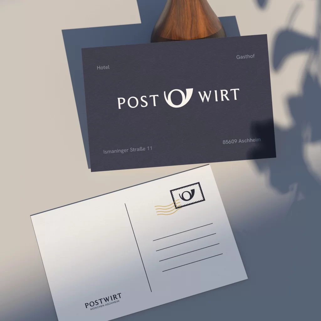 Visitenkarte und Postkarte mit Logo als gestaltete Printmedien im Corporate Design für den Postwirt