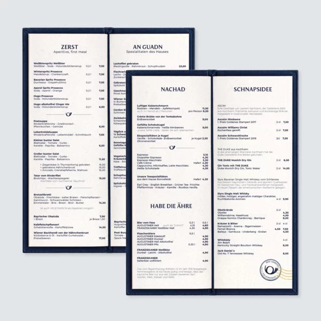 Aufgeklappte Speisekarte mit Wortspielen und Typografie aus dem Gastro-Branding für ein Businesshotel