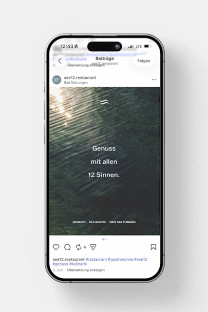 Fünf Sinne haben dem Erlebnis bei SEE12 nicht Genüge getan. Smartphone zeigt Instagram-Beitrag als Digital Marketing und Social Media von Wuger mit Restaurant-Motiven und Claims dazu